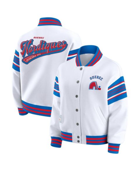 Женские худи WEAR by Erin Andrews Women's White/Blue Quebec Nordiques Full-Snap Fleece Sweatshirt Jacket