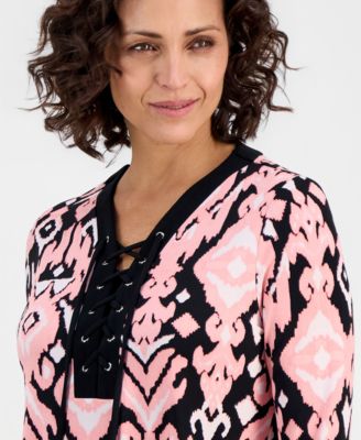 Women's Lace-Up 3/4-Sleeve Printed Top