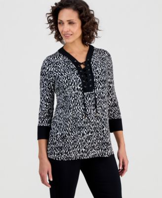 Women's Lace-Up 3/4-Sleeve Printed Top, Created for Macy's