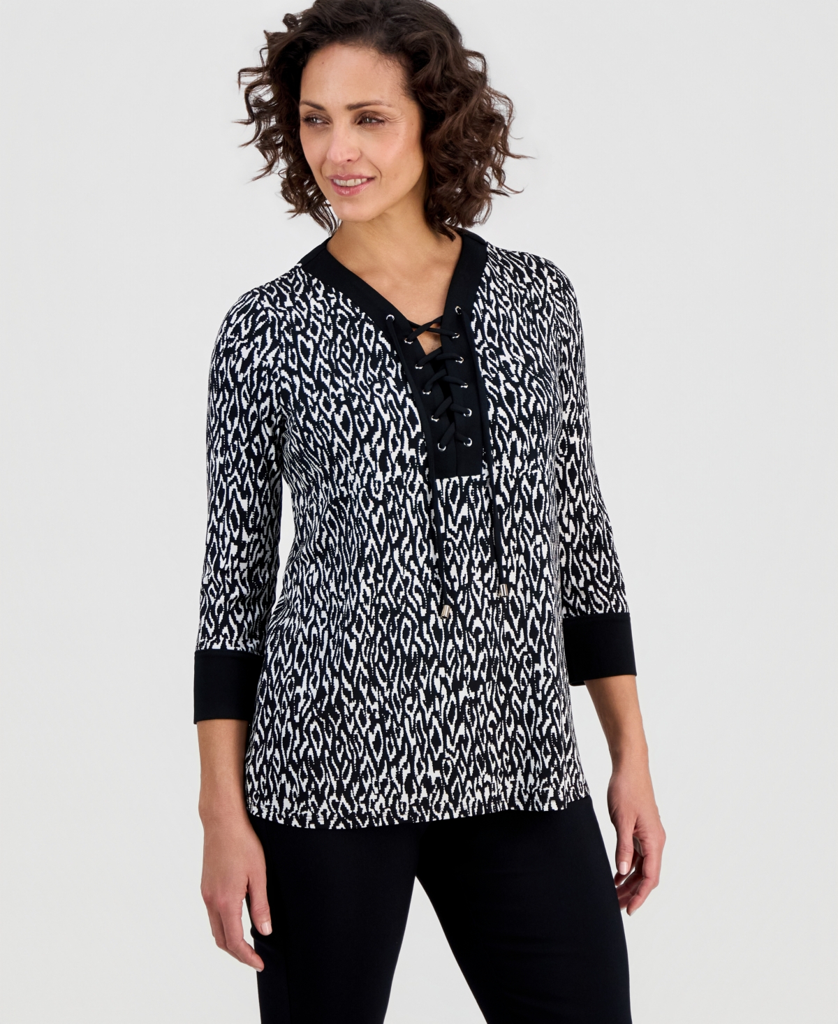 Jm Collection Women's Lace-Up 3/4-Sleeve Printed Top, Created for Macy's