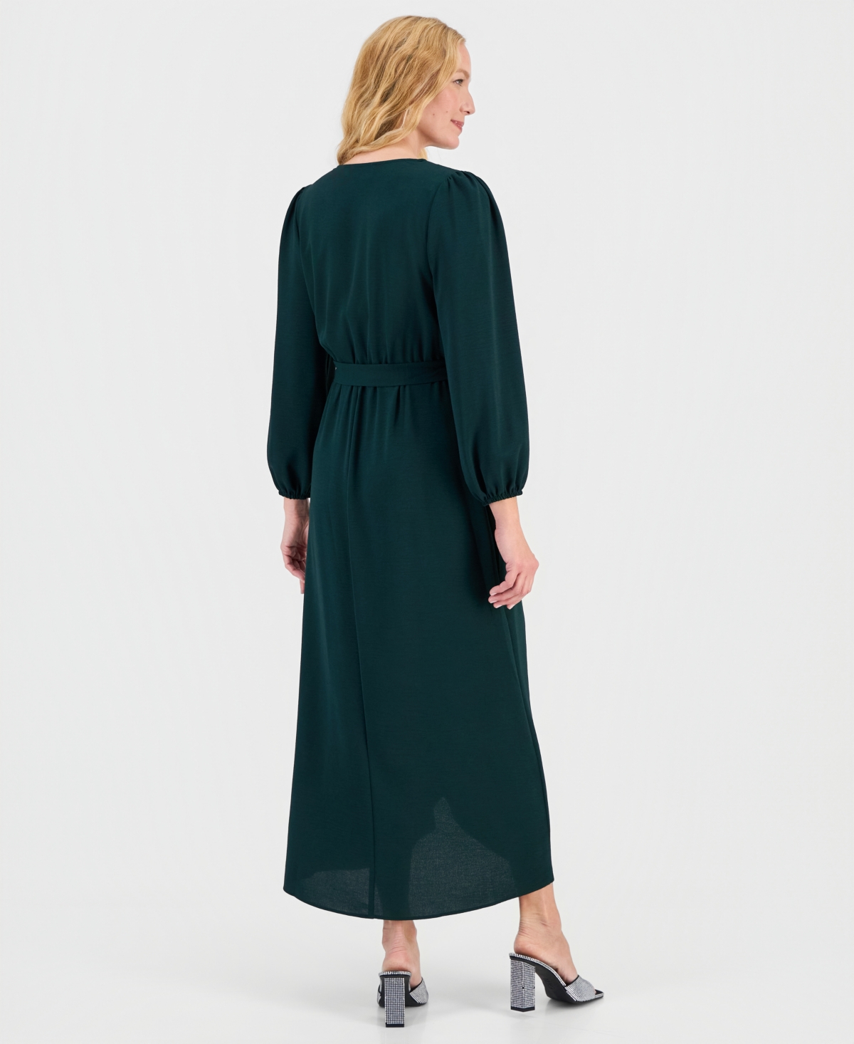 Connected Women's Surplice-neck Faux-wrap Long-sleeve Dress In Green
