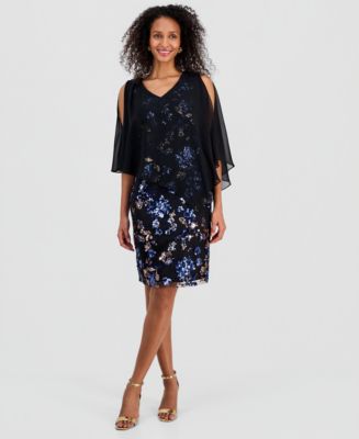 SL Fashions Women's Sequined Chiffon-Overlay Dress - Blue Black - 14