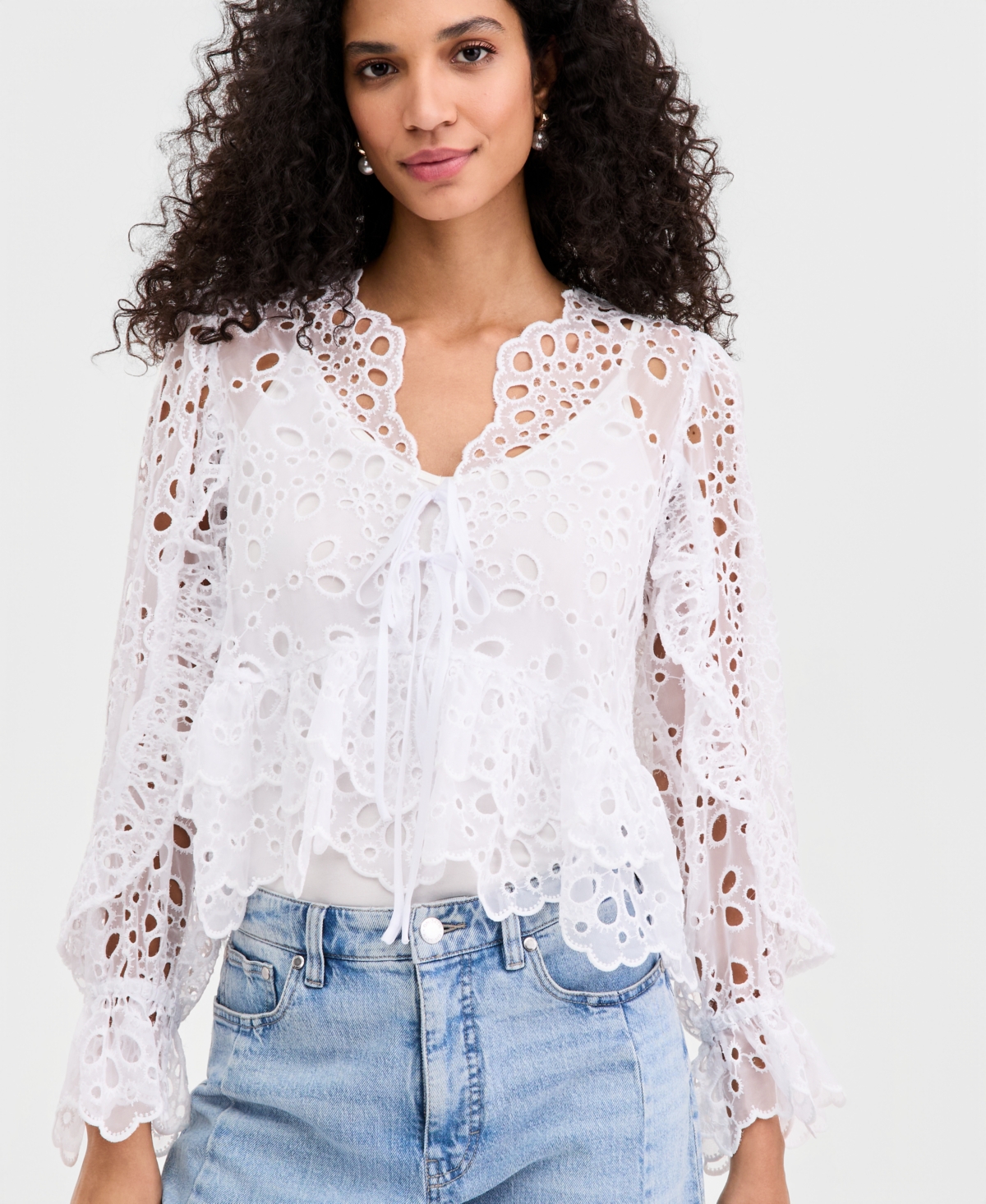 On 34th Women's Woven Long-Sleeve Cut-Work Blouse, Macy's Exclusive