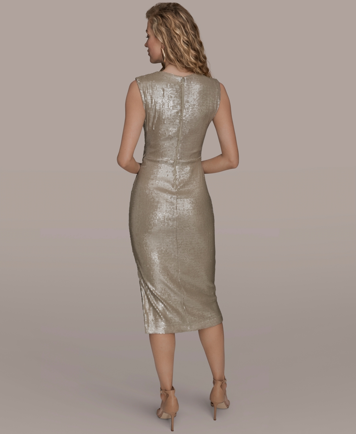 Donna Karan New York Sequin Sleeveless Midi Dress In Brown