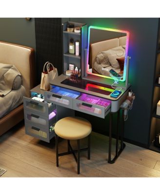 RGB Vanity Set with Glass Top, USB & Wireless Charging, 5 Drawers