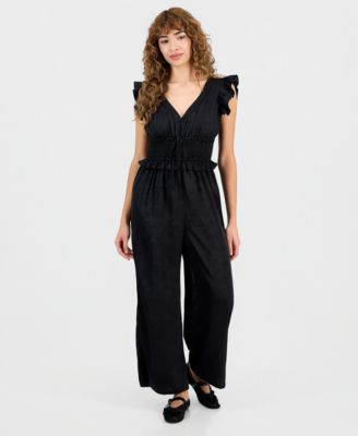 And Now This - Petite Jacquard Smocked-Waist Ruffle Jumpsuit