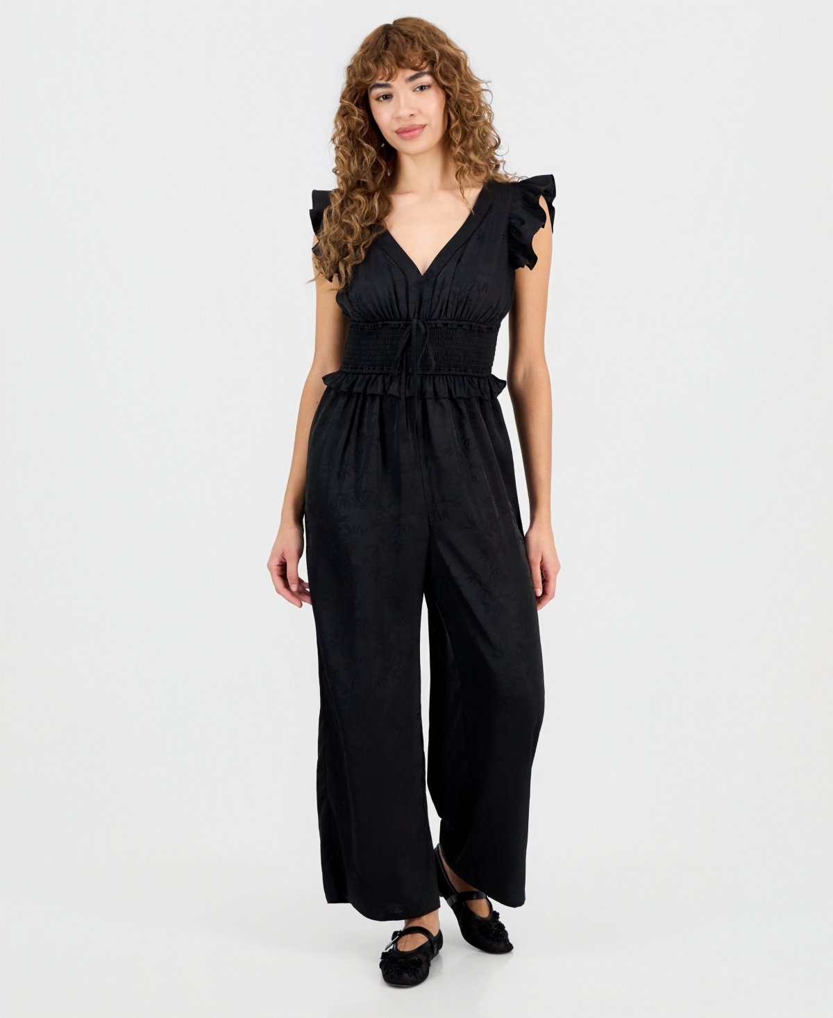 And Now This Petite Jacquard Smocked-waist Ruffle Jumpsuit, Macy's Exclusive In Black