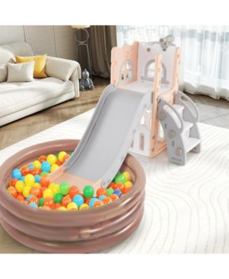 6-in-1 Toddler Slide L-shaped Playground with Basketball Hoop and Ladder