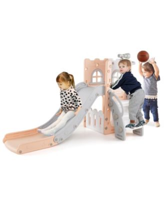 6-in-1 Toddler Slide L-shaped Playground with Basketball Hoop and Ladder