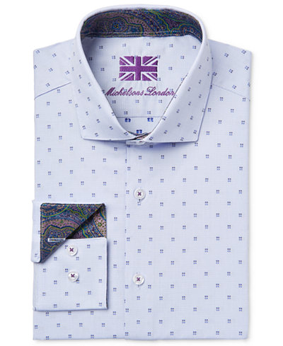 Michelsons of London Men's Slim-Fit Blue Square-Print Dress Shirt
