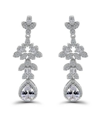 Fine Silver Plated Pave Cubic Zirconia Floral Post Drop Earrings