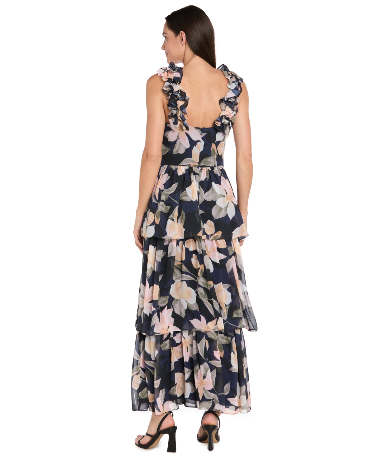 R & M Richards Women's Long Tiered Ruffled Shoulder Maxi Dress