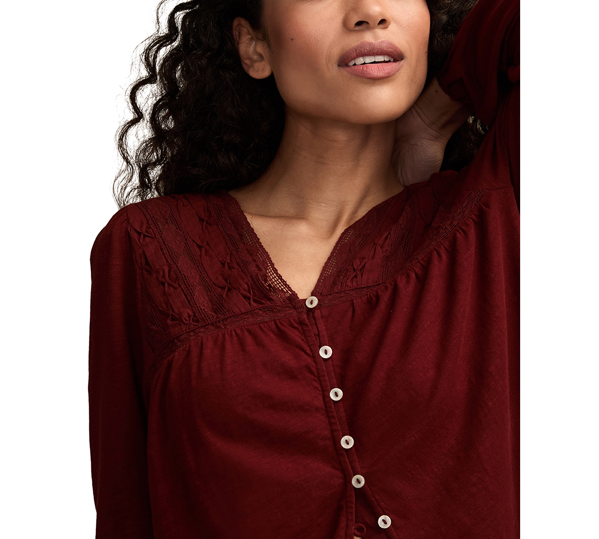 Lucky Brand Women's Lace Yoke Peasant V-neck Top In Brown