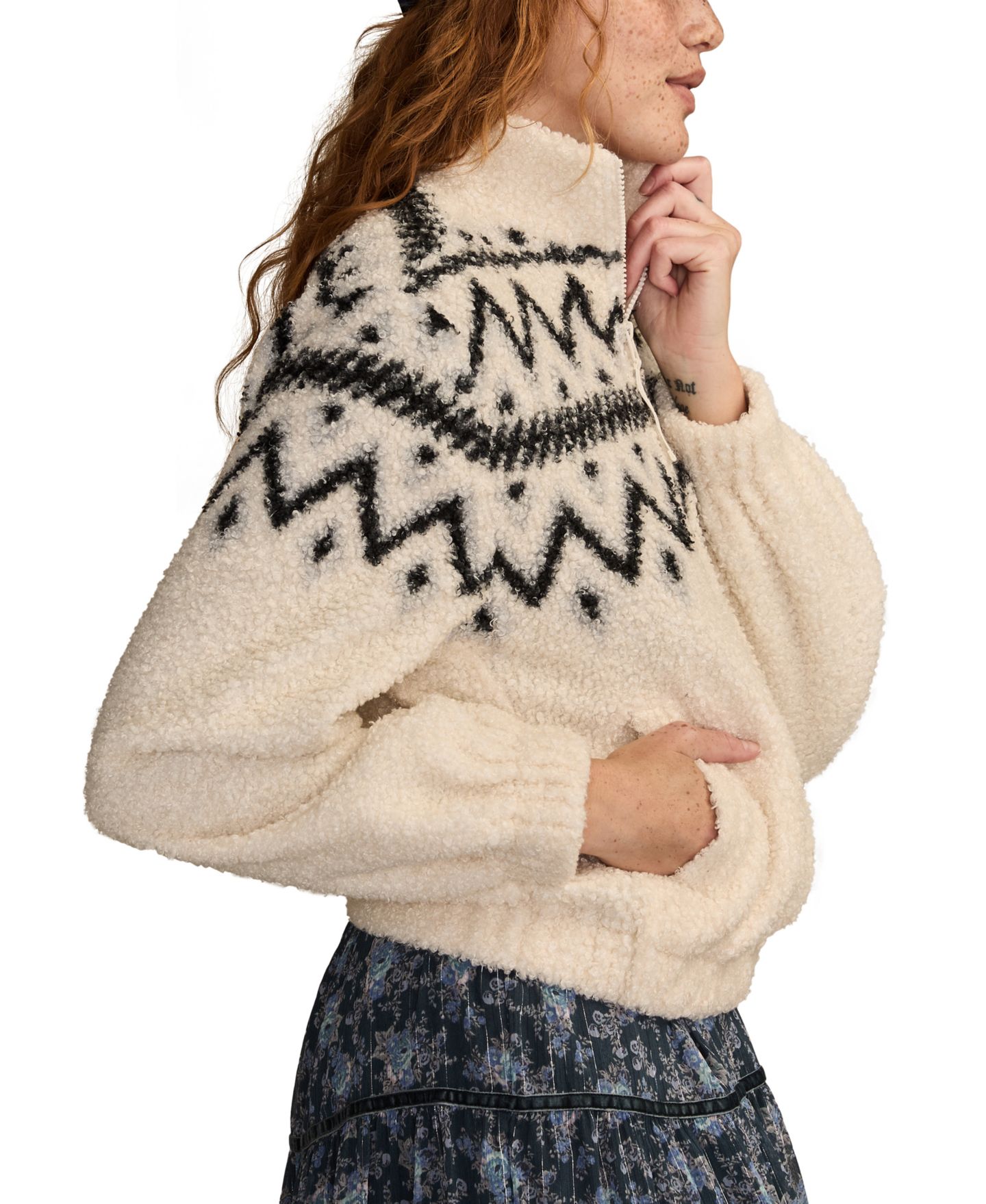 Женский свитшот Lucky Brand Half-Zip Fleece, цвет: Чёрный кремовый разноцветный — фото 2
