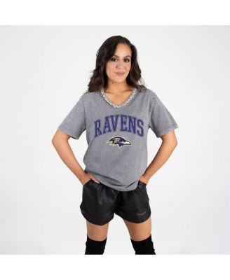 Women's Gray Baltimore Ravens Relaxed Iconic Edge Rhinestone V-Neck T-Shirt