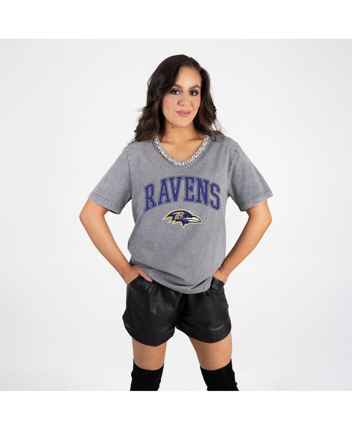 Gameday Couture Women's Gray Baltimore Ravens Relaxed Iconic Edge Rhinestone V-neck T-shirt In Gray