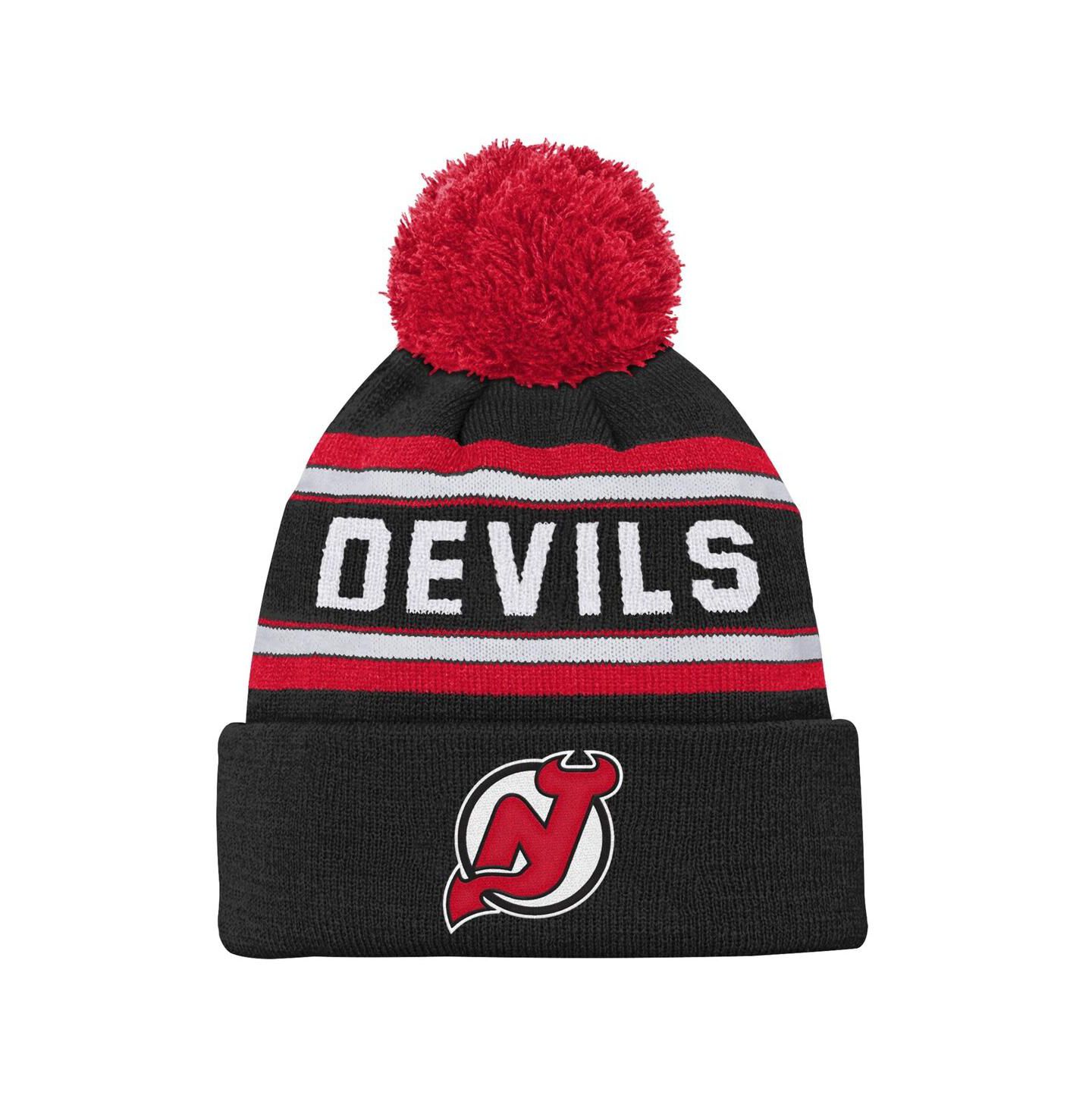 Детские головные уборы Outerstuff New Jersey Devils Black Jacquard Cuffed Knit with Pom Hat — фото 1