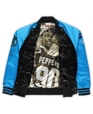 Men's Julius Peppers Black Carolina Panthers Vintage Name Number Lightweight Satin Full-Snap Jacket
