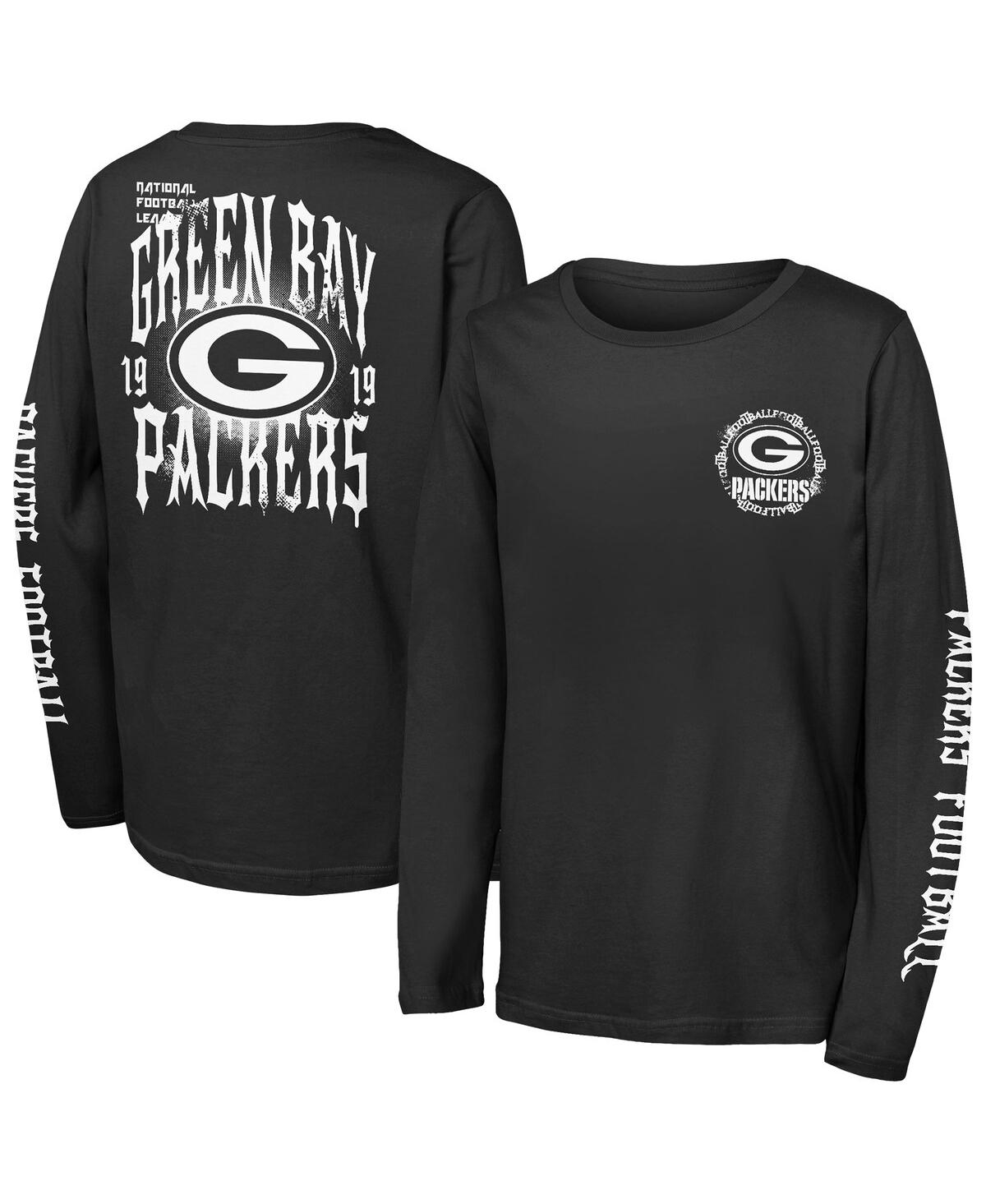 Outerstuff Big Boys And Girls Black Green Bay Packers Rumble Long Sleeve T-shirt In Black