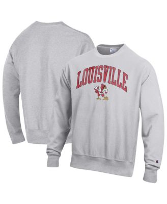 Champion - Men's Gray Louisville Cardinals Distressed Arch Over Logo Reverse Weave Crew Neck Sweatshirt