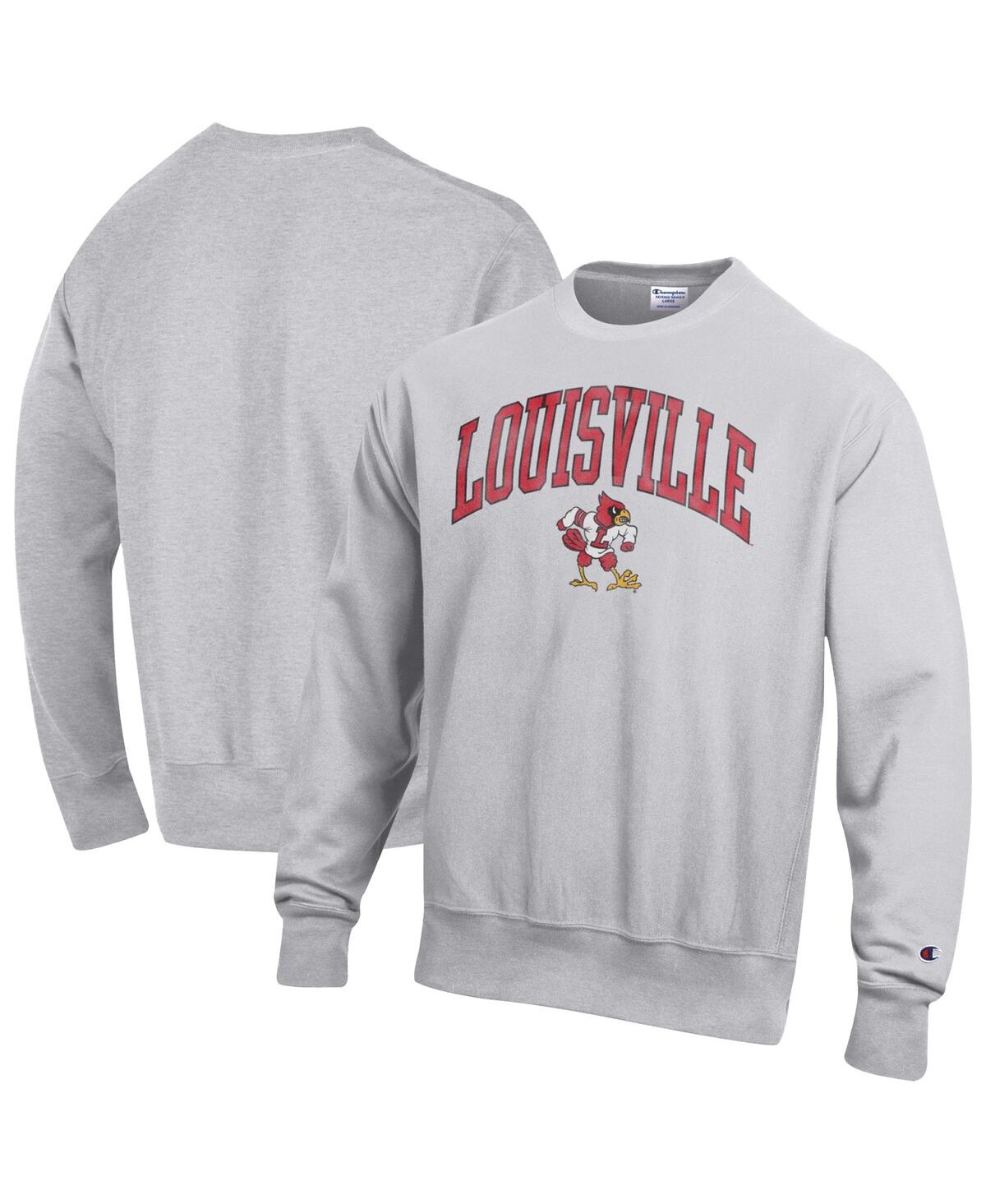 Champion Men's Gray Louisville Cardinals Distressed Arch Over Logo Reverse Weave Crew Neck Sweatshirt