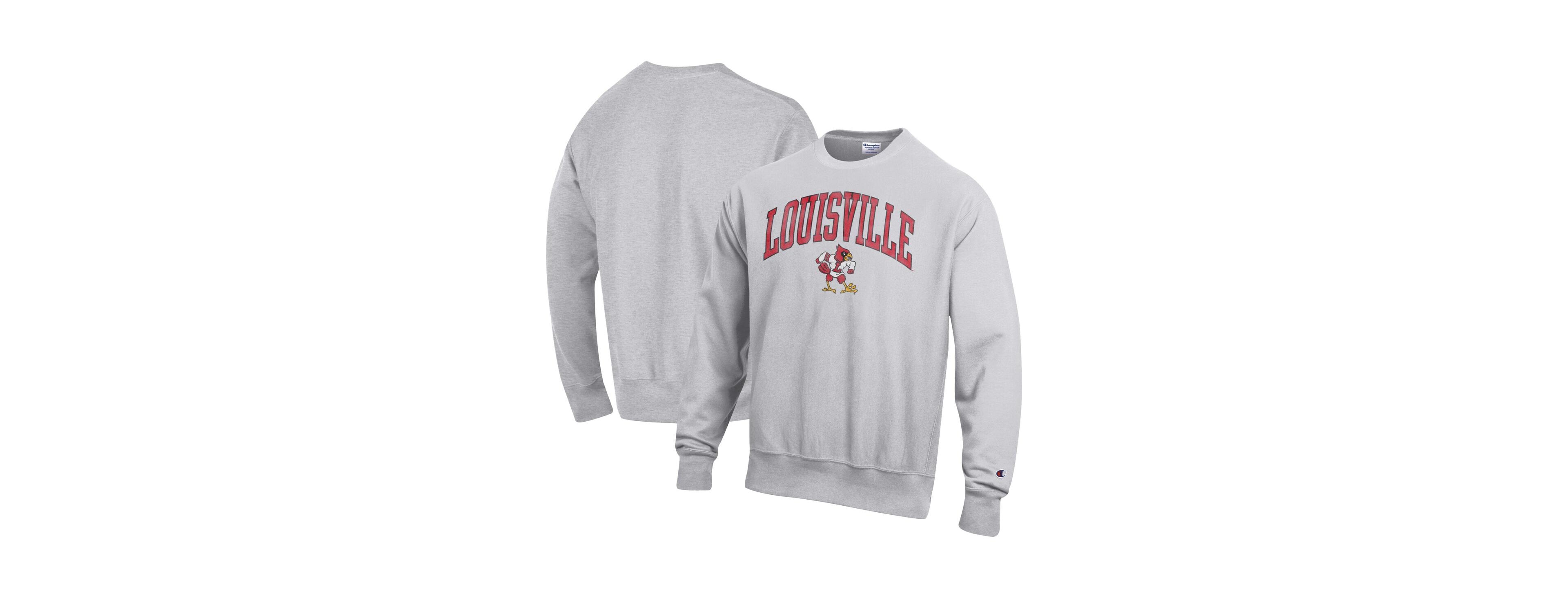 Champion Men's Gray Louisville Cardinals Distressed Arch Over Logo Reverse Weave Crew Neck Sweatshirt