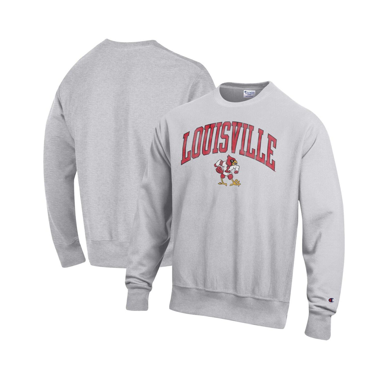 Men's Gray Louisville Cardinals Distressed Arch Over Logo Reverse Weave Crew Neck Sweatshirt
