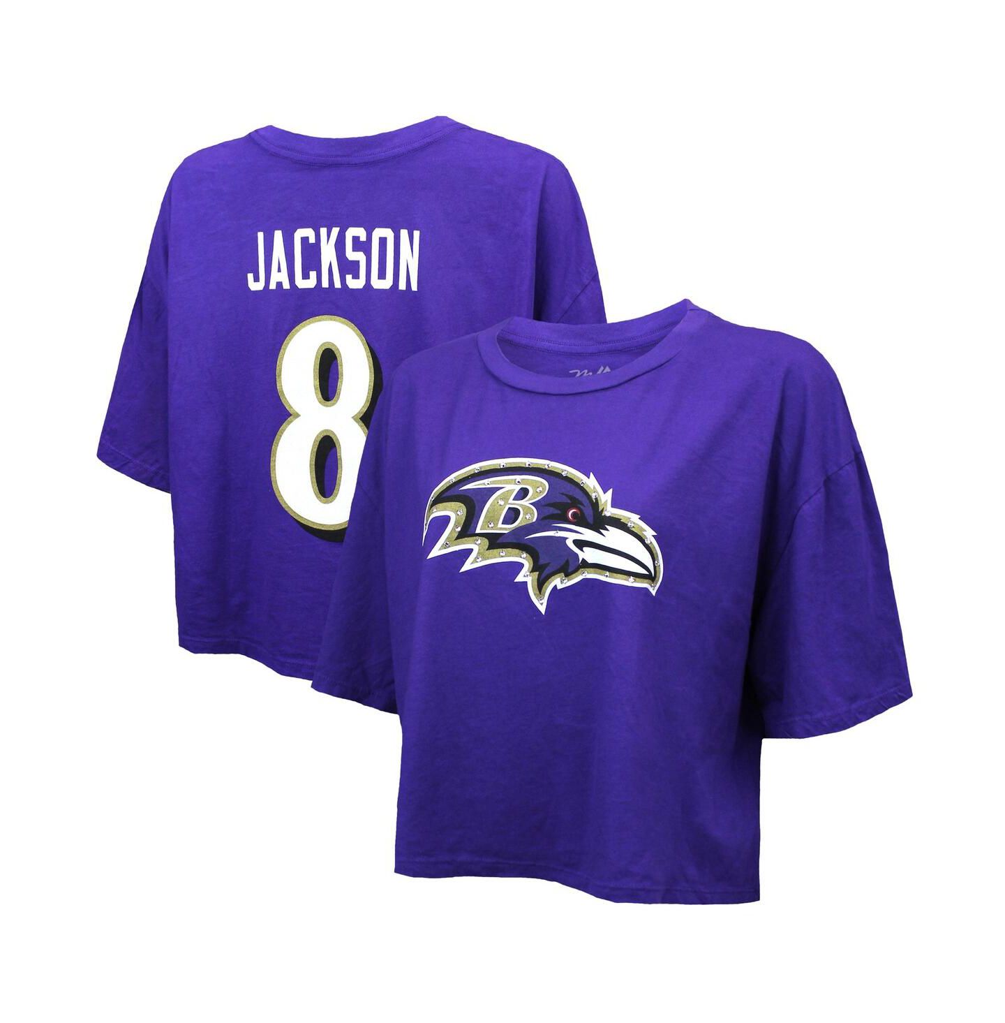 Женская футболка Majestic Threads Lamar Jackson Purple Baltimore Ravens Swarovski Crystals Boxy Cropped Name & Number — фото 1