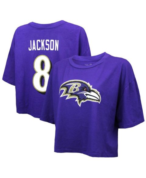 Женская футболка Majestic Threads Lamar Jackson Purple Baltimore Ravens Swarovski Crystals Boxy Cropped Name & Number