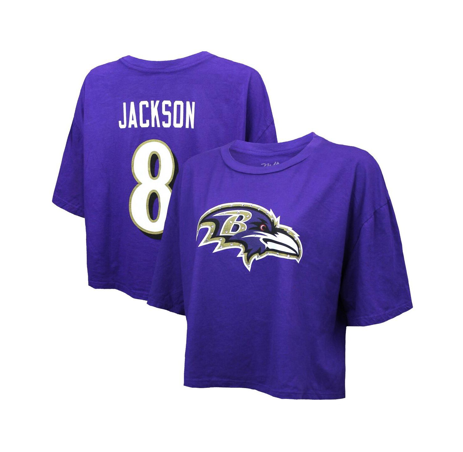 Women's Lamar Jackson Purple Baltimore Ravens Swarovski Crystals Boxy Cropped Name & Number T-Shirt