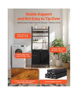 Laundry Hamper with 4 Tiers, 2 Bags, Shelves, and Hooks