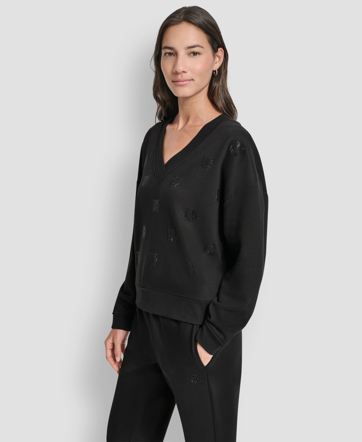 Dkny Women's Allover Stack Rhinestone V-neck Sweatshirt In Black