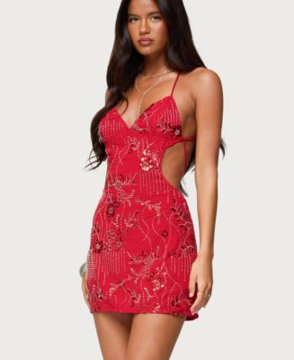 Edikted Women's Annalee Backless Beaded Chiffon Mini Dress - Red