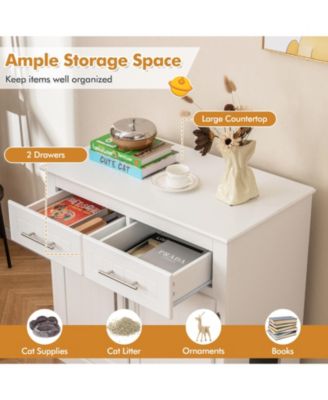 Cat Litter Box Enclosure w/ 2 Drawers Double Doors Anti-Toppling Devices