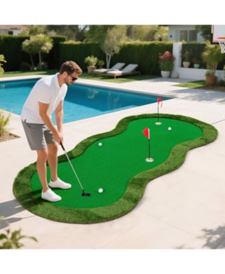 5 x 10 Feet Golf Practice Putting Green Mat with 3 Holes and Golf Balls for Home Office Backyard
