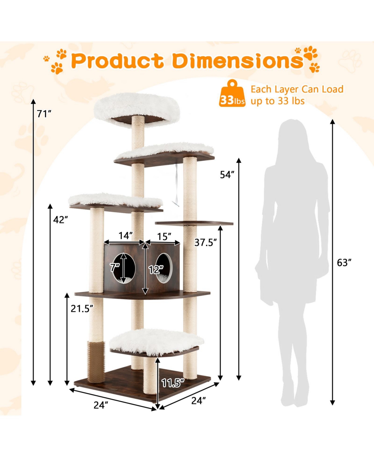 Skonyon 7-Layer Wooden Cat Tree Tall Cat Tower with Sisal Posts and Condo