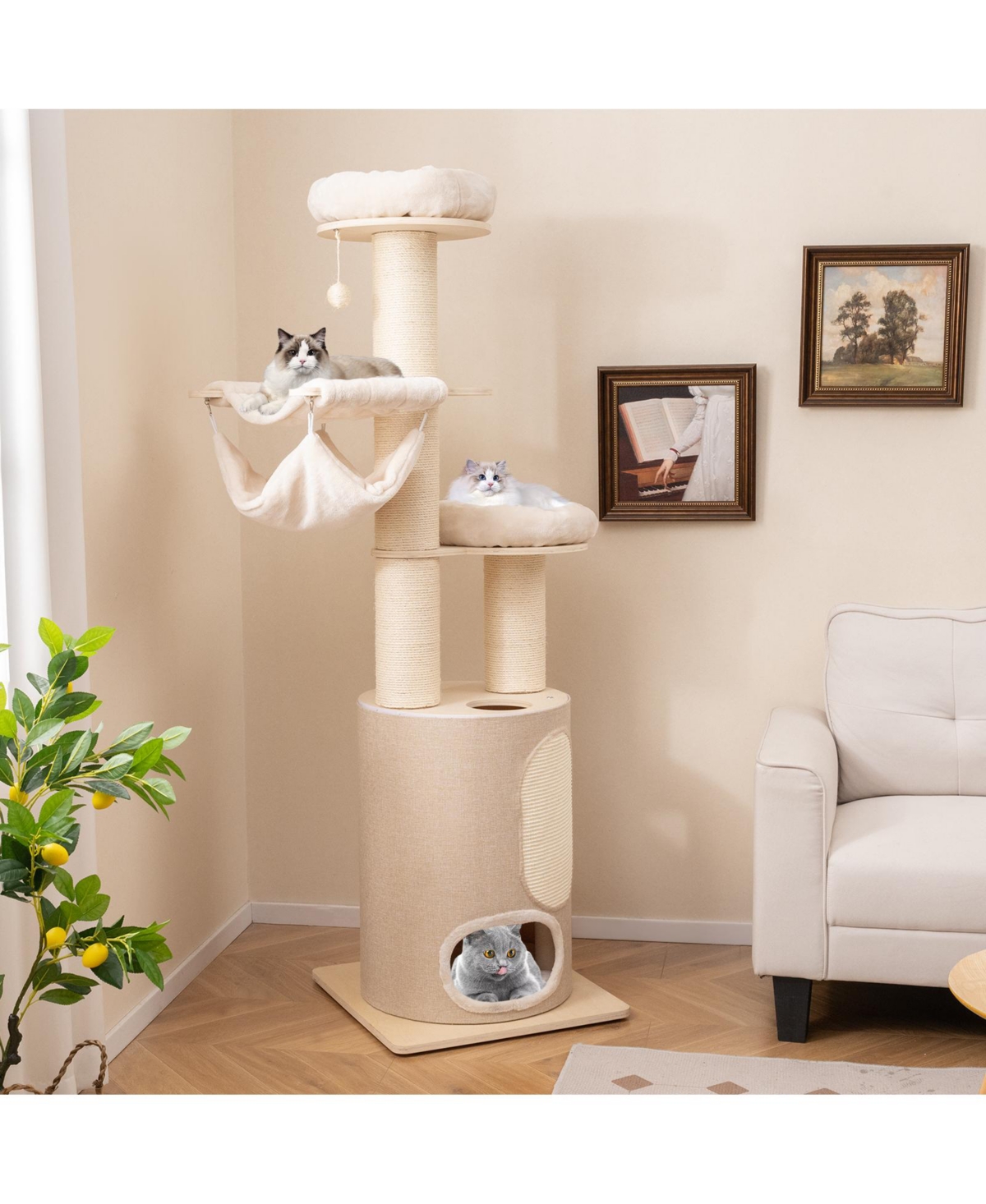 Skonyon 74 Inches Tall Wooden Cat Tower Tree with 2-Story Cat Condo and Washable Cushions