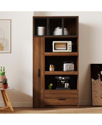 70.87" Tall Kitchen Pantry Cabinet with Pull-Out Multi-Tier Shelf, 1 Drawer, Aluminum Frame Glass Door, Freestanding Storage