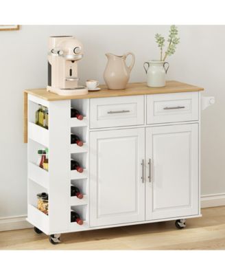 Kitchen Island Cart with Cabinet, Drawers, Spice Rack, Towel Holder & Foldable Top