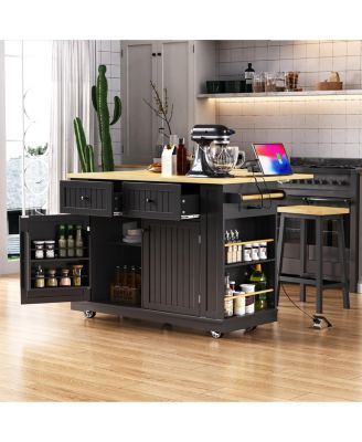 48inch Kitchen Island with 2 Bar Stools, Power Outlet, Drop Leaf, Rolling Cart with Door Rack, Side Racks