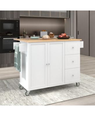 Rolling Kitchen Island with Solid Wood Top, Drop Leaf Bar, Locking Wheels, Storage Cabinet, Spice Rack, Towel Rack and Drawer, 52.7inch