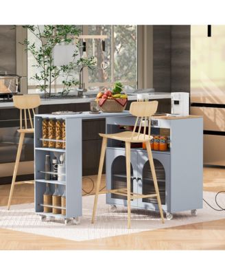 CASAINC Extendable 73.5” Tabletop MDF, Rubber Wood LED Lights, Power Outlets, Fluted Glass, Storage Shelves Rolling Kitchen Island