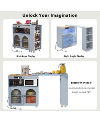 CASAINC Extendable 73.5” Tabletop MDF, Rubber Wood LED Lights, Power Outlets, Fluted Glass, Storage Shelves Rolling Kitchen Island