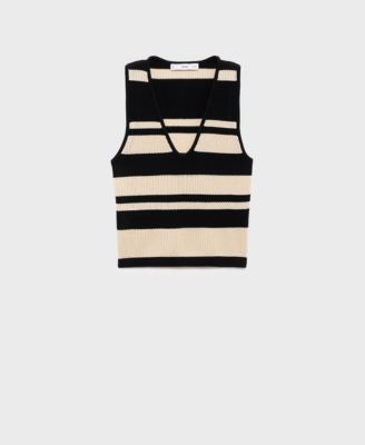 MANGO - Women's Stripes Knitted V-Neck Top