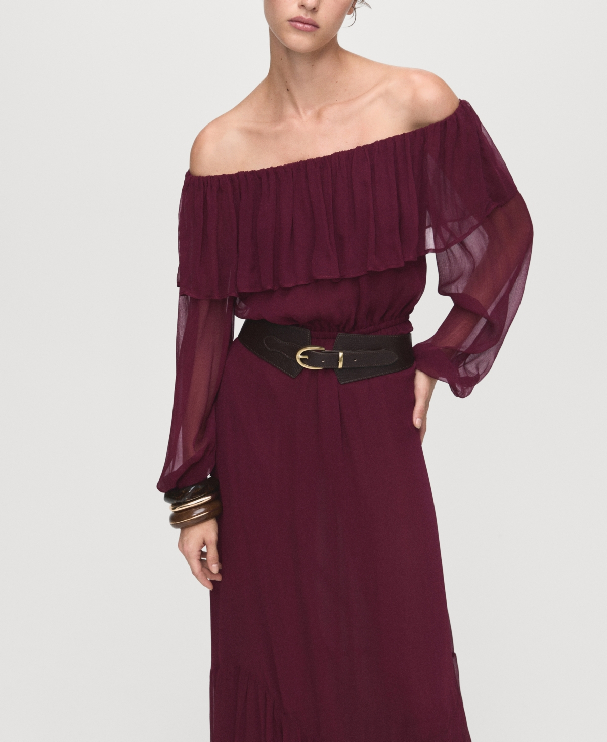 Mango Ruffle Off The Shoulder Long Sleeve Maxi Dress In Burgundy