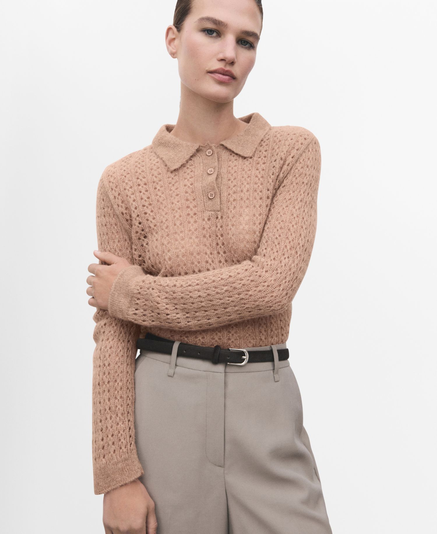 Women's Openwork Knitted Polo-Neck Sweater
