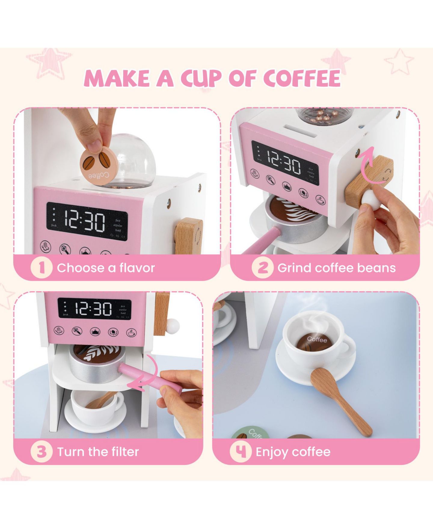 Детская игрушка SKONYON Wooden Play Kitchen with Coffee Machine and Slide, Ages 3+, цвет: Розовый — фото 6