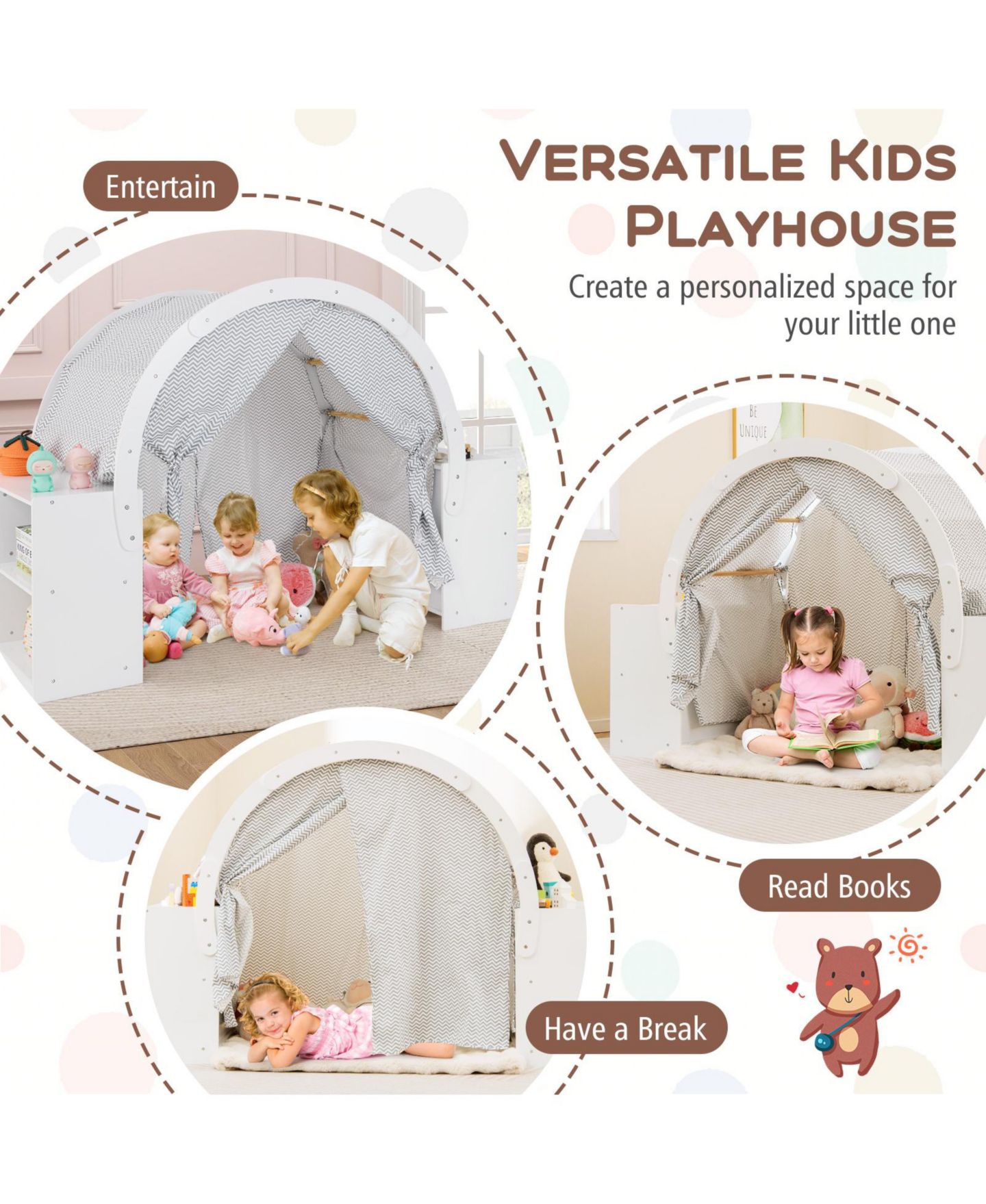 Детская игрушка SKONYON Reading Nook Wooden 8-Cubby Play Tent, Ages 3+, цвет: Белый — фото 10