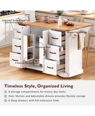 CASAINC 56" Kitchen Island Cart, Drop Leaf, Power Outlet, 4 Shelves, 6 Drawers, Rubber Wood Veneer, Rolling for Dining Room
