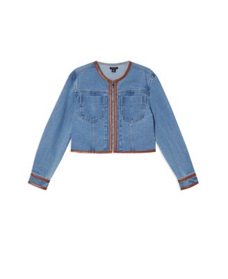 Women's Denim & Leather Collarless Jacket